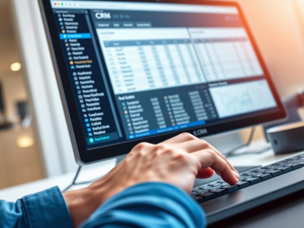 A vibrant image showing a computer screen displaying a CRM interface filled with organized lead data. A hand is typing on a keyboard, representing active engagement with the system. The background is bright and professional, shot with a 45mm f/1.2 lens.