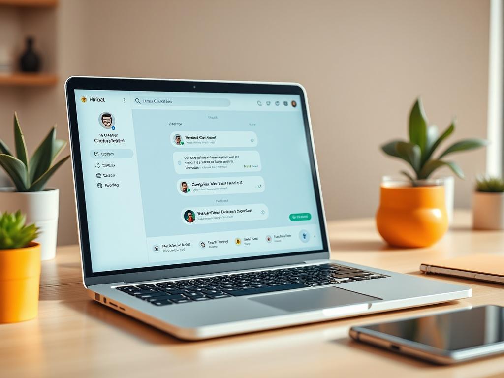 A close-up shot of a professional-looking workspace featuring a laptop with a chatbot interface displayed on the screen. The background should be simple and minimalistic, allowing the focus to remain on the laptop. Soft, natural lighting enhances the workspace, giving it a warm and inviting feel. The color scheme incorporates shades of orange to align with the primary color #FF6E4E.
