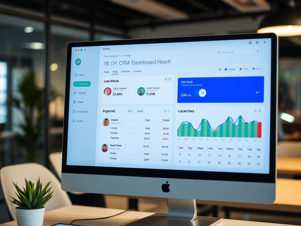 A close-up shot featuring a computer screen displaying a well-organized CRM dashboard, with lead details highlighted. The background shows a modern office environment, and the dashboard incorporates the #FF6E4E color in its design elements.