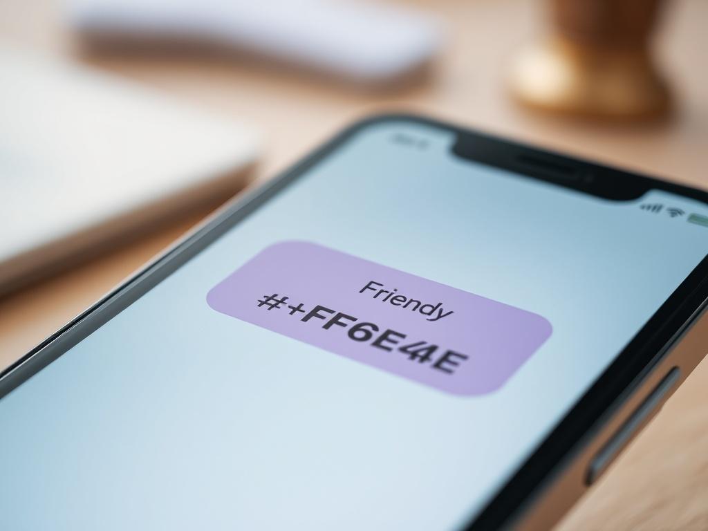 A close-up of a smartphone screen showcasing an SMS conversation with a friendly message from a business, set against a soft-focus backdrop of an office desk. The message is vibrant and inviting, reflecting the #FF6E4E color in a small logo or icon on the screen.