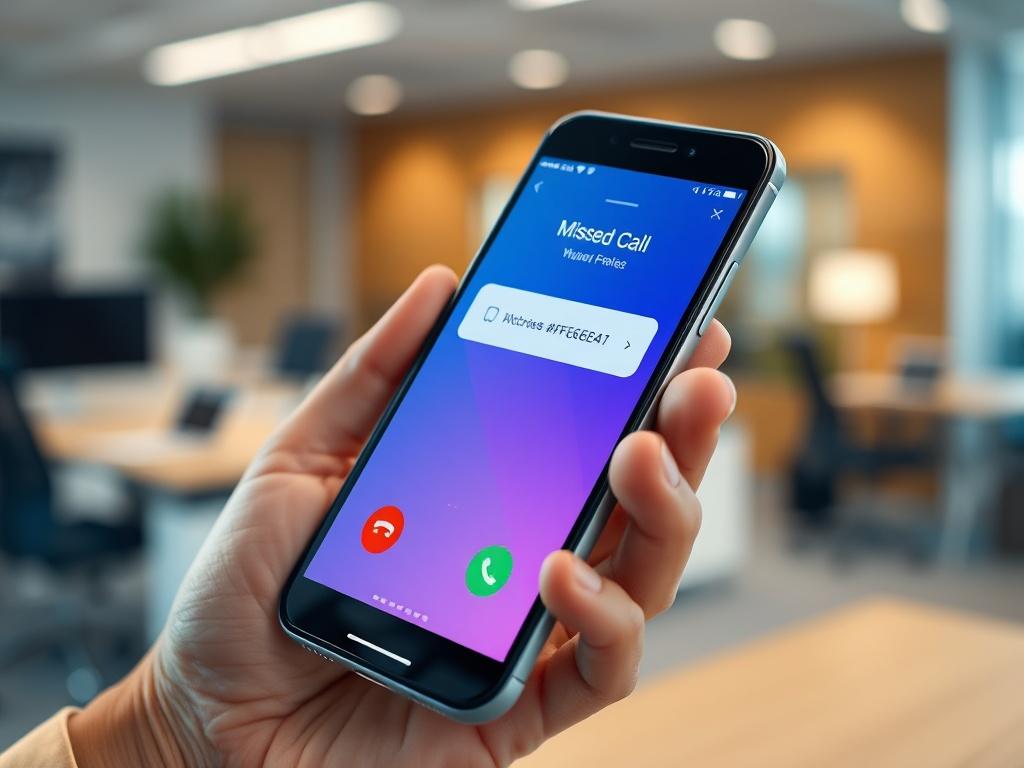 A close-up shot of a sleek smartphone displaying a missed call notification, with a blurred office background. The phone is held by a hand, emphasizing the importance of communication in business. The scene is well-lit, showcasing the phone's screen clearly, and the primary color #FF6E4E is subtly incorporated in the office decor.