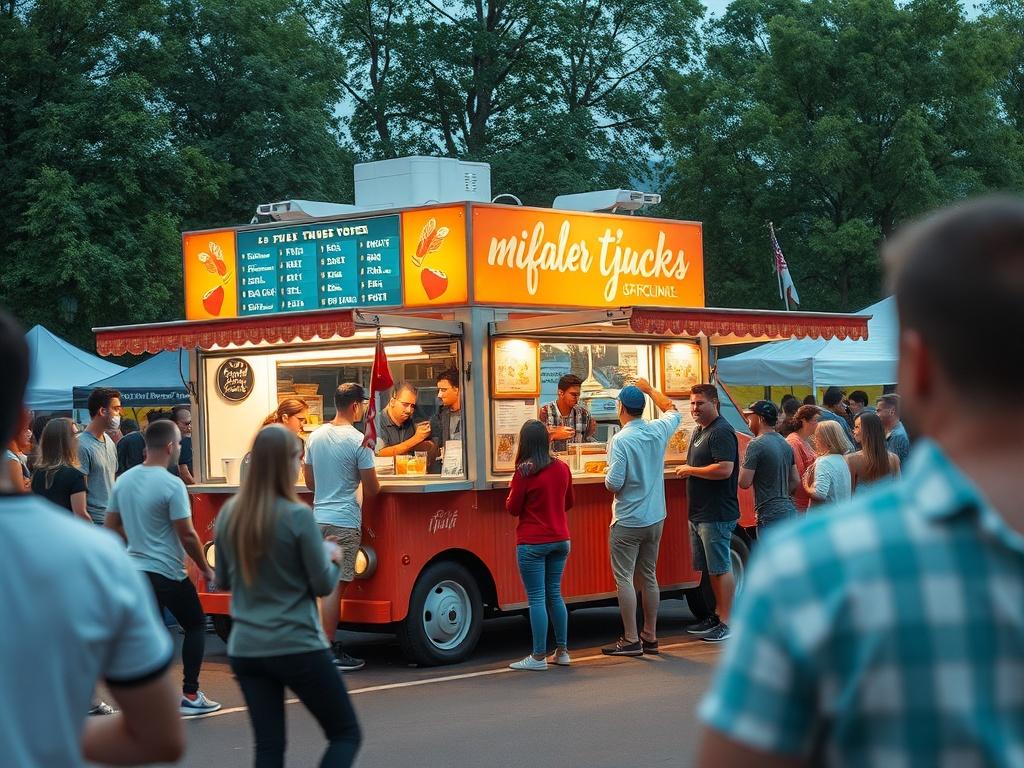 A food truck parked at a popular event, with a digital display showing a full schedule of orders. The scene should be lively, with happy customers enjoying their meals. The focus should be on the food truck and its vibrant branding, captured in a bright and engaging manner, shot with a 45mm f/1.2 lens.