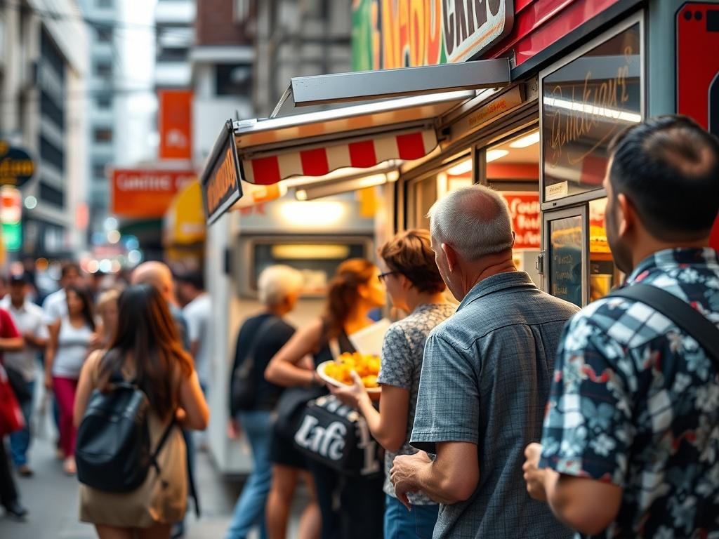 A close-up shot of a food truck in a bustling street, with customers eagerly lining up to place orders. The background shows vibrant food items being served, capturing the lively atmosphere. The image should be bright and inviting, with a focus on the food truck's branding, shot with a 45mm f/1.2 lens.