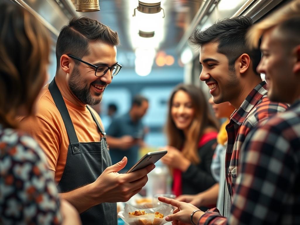 An image showing a food truck owner actively engaging with customers through a digital device, showcasing a friendly atmosphere. The background features happy customers enjoying their food, creating a dynamic and inviting scene. The focus should be on the interaction and warmth of the food truck experience, shot with a 45mm f/1.2 lens.