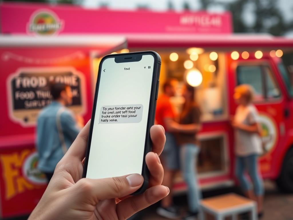 A close-up shot of a smartphone with a text reminder notification for a food truck order. In the background, a food truck is bustling, serving happy customers. The image features vibrant colors, focusing on the smartphone against the #FF6E4E primary color.