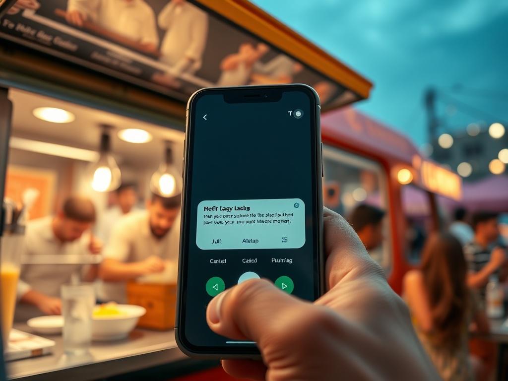 A close-up shot of a food truck's phone ringing with a notification alert displayed on the screen. The background shows a busy food truck scene with customers enjoying their meals. The image has a warm, inviting color palette, harmonizing with the #FF6E4E primary color.