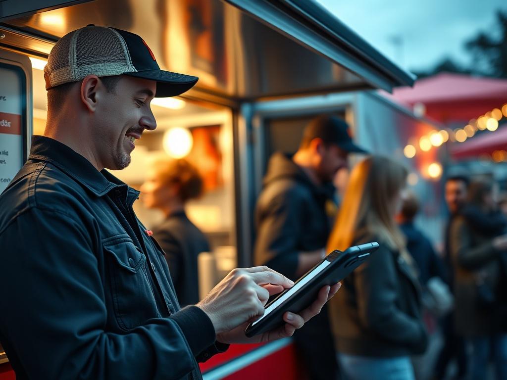 A close-up shot of a food truck employee quickly typing a follow-up message on a tablet, with customers eagerly waiting nearby. The background captures the vibrant atmosphere of a food truck event, utilizing the #FF6E4E primary color.