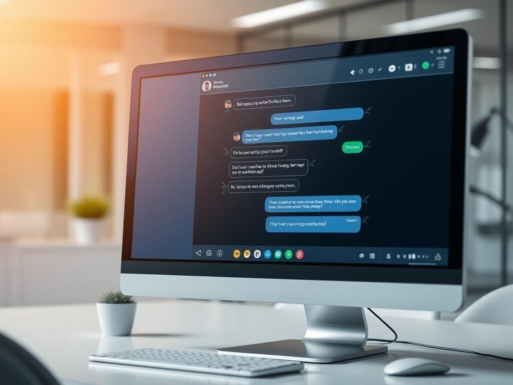 A hyper-realistic close-up shot of a digital customer service bot interface displayed on a modern computer screen. The background should be a sleek, minimalist office environment with soft lighting, emphasizing a professional atmosphere. The focus should be on the screen, showcasing a chat interface with friendly, engaging responses.