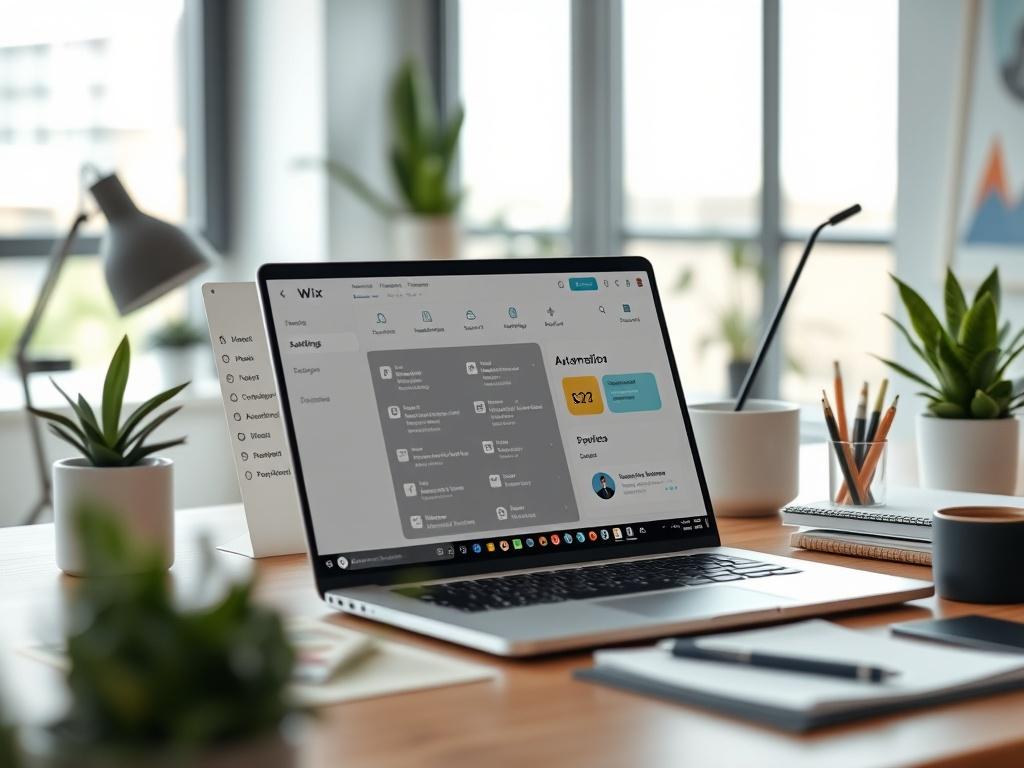 A hyper-realistic close-up of a Wix website dashboard showcasing automation settings and features. The background should be a modern office desk with a stylish laptop, plants, and stationery, reflecting a creative workspace.
