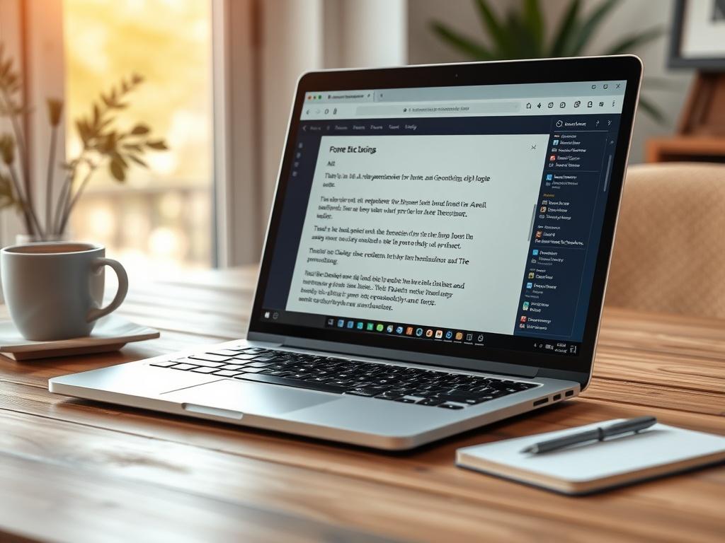 A close-up shot of a laptop displaying an AI content generation tool in action, with text being generated on the screen. The background should feature a cozy workspace with natural light, including a cup of coffee and a notepad, creating an inviting atmosphere for creativity.
