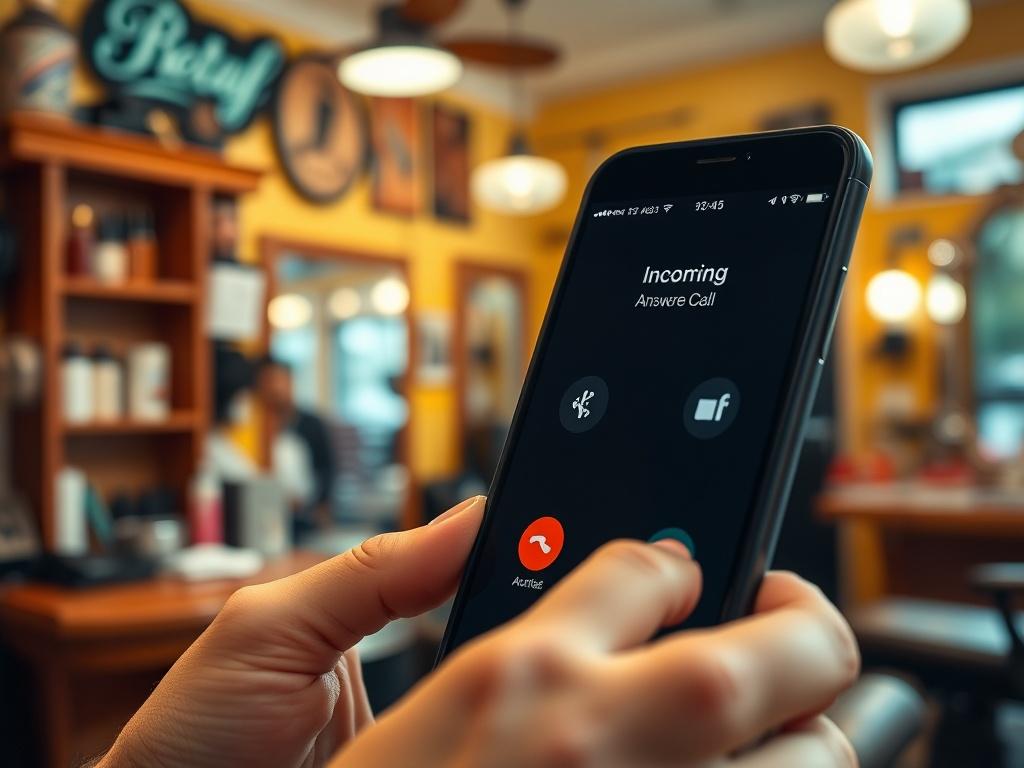A close-up shot of a smartphone displaying an incoming call notification, with a barbershop background. The image should show a vibrant barbershop interior, highlighting barber tools and a welcoming atmosphere. The smartphone should be the focal point, emphasizing the importance of answering calls. The color palette should incorporate warm tones, harmonizing with the #FF6E4E primary color.