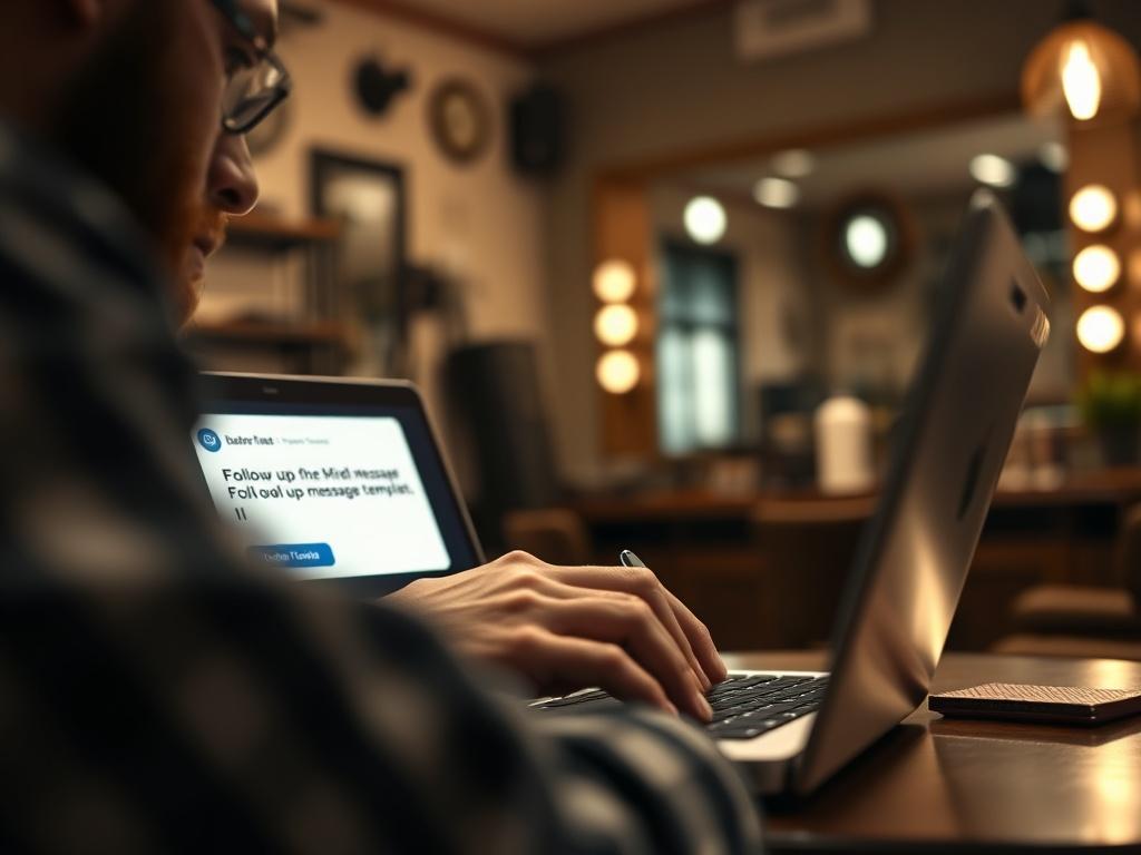 A close-up shot of a barber sending a follow-up message on a laptop, with a cozy barbershop setting in the background. The focus should be on the laptop screen displaying a message template for follow-up communication. The ambiance should reflect warmth and professionalism, aligning with the #FF6E4E primary color.