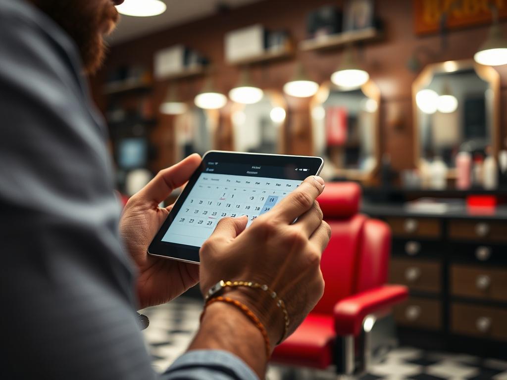 A close-up shot of a barber checking a digital appointment calendar on a tablet, with an empty chair in the background. The focus should be on the tablet screen showing a reminder notification sent to a client. The barbershop environment should be vibrant, showcasing tools and decor that reflect a stylish atmosphere. The image should resonate with the #FF6E4E primary color.