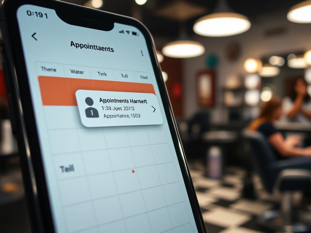 A close-up of a calendar app showing upcoming appointments, with a reminder notification popping up. In the background, subtle hints of a vibrant barbershop setting, showcasing bustling activity, highlighting the importance of appointments in a thriving business.