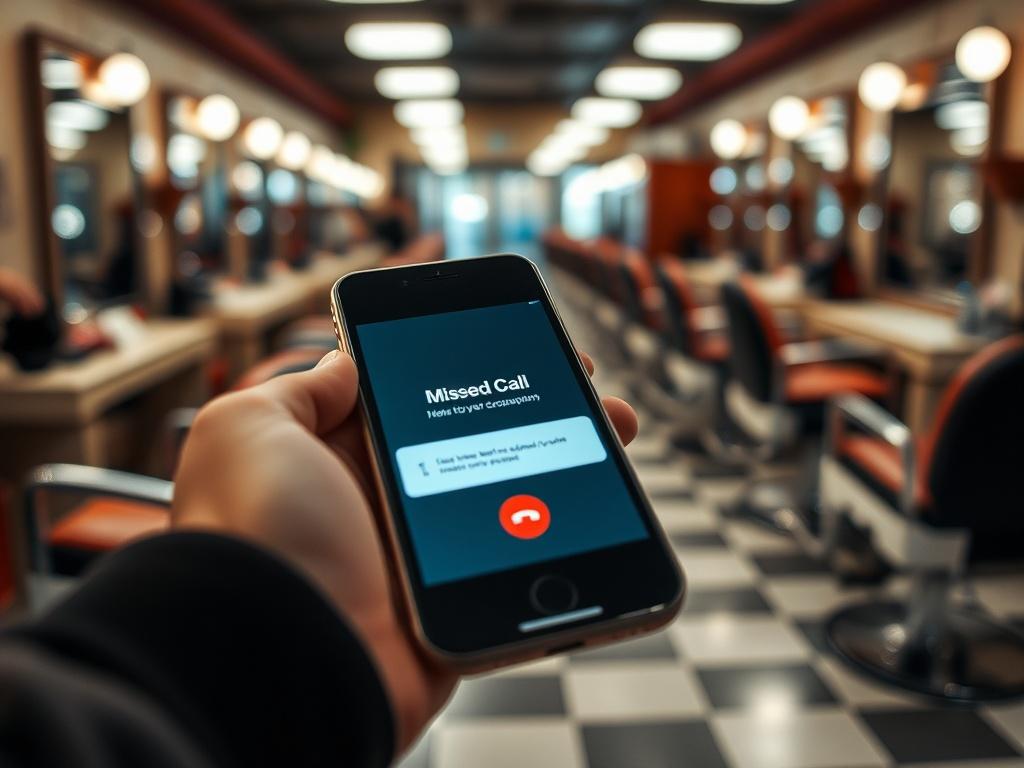 A close-up of a smartphone displaying a missed call notification, set against a blurred background of a busy barbershop with stylist chairs and mirrors. The focus is on the phone screen, highlighting the notification while conveying a sense of urgency and customer engagement.
