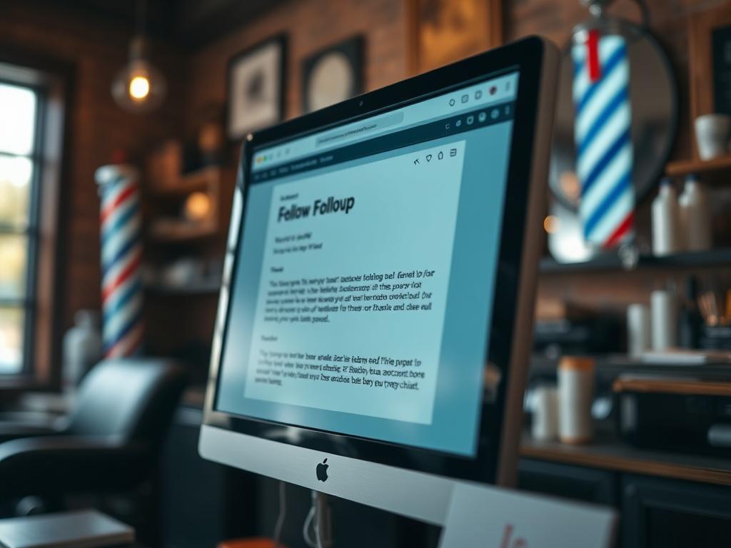 A close-up of a computer screen displaying an automated follow-up email template, with a cozy barbershop ambiance in the background. The image conveys the importance of maintaining customer relationships through effective communication.