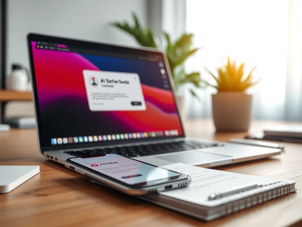 A hyper-realistic close-up shot of a modern office workspace featuring a laptop with AI software on the screen, a smartphone with a notification of a new lead, and a notepad with contact details. The scene is well-lit, showcasing a professional yet inviting atmosphere. The background should be minimalistic, emphasizing productivity and technology. The color scheme should harmonize with the primary color #FF6E4E.