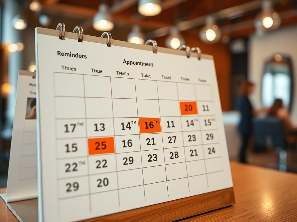 A high-resolution image of a salon appointment calendar, showing filled slots and reminders highlighted. The calendar should have a modern design, with a warm color palette matching #FF6E4E. In the background, blurred images of salon activities, like hairstylists working and customers getting styled, should create an engaging environment.