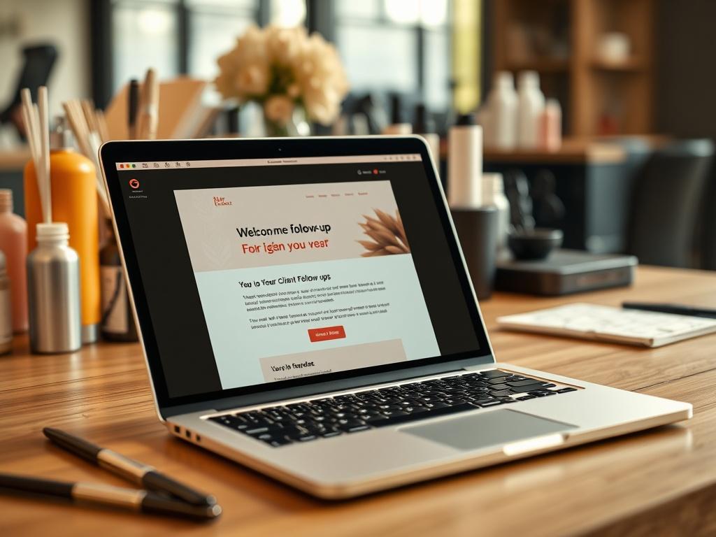 A close-up image of a laptop screen displaying a beautifully designed email template for client follow-ups, with a warm and inviting color scheme. The background should subtly include elements of a welcoming salon ambiance, such as hair products and styling tools, enhancing the inviting atmosphere.