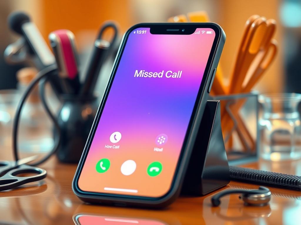 A close-up shot of a salon phone with vibrant colors, showing a missed call notification on the screen. The background should be softly blurred with salon tools like scissors and combs arranged neatly. The image should be warm and inviting, reflecting a bustling salon atmosphere.