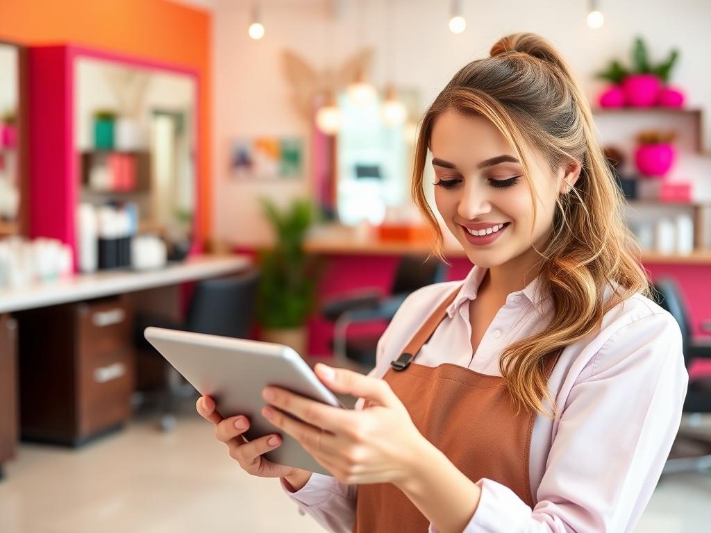 A close-up shot of a salon staff member sending a follow-up message on a tablet, with a bright and cheerful background showcasing salon products and vibrant decor. The focus should be on the staff's engaged expression, highlighting the importance of client communication.