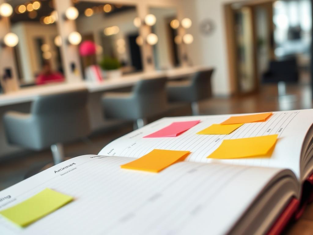 A close-up shot of a salon appointment book with colorful sticky notes, showing marked appointments. The background should feature salon decor like mirrors and styling chairs, creating an inviting atmosphere that emphasizes organization and professionalism.