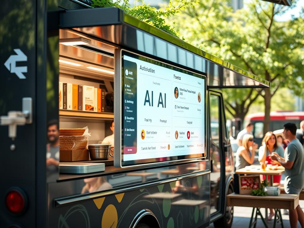 A realistic high-resolution photo of a modern food truck with an AI automation interface displayed on a digital screen. The food truck is parked in a vibrant urban setting, surrounded by greenery and people enjoying food. The focus is on the digital screen showcasing the AI features, emphasizing a sleek design and user-friendly interface. The background should have a sunny, cheerful atmosphere, highlighting the food truck culture.