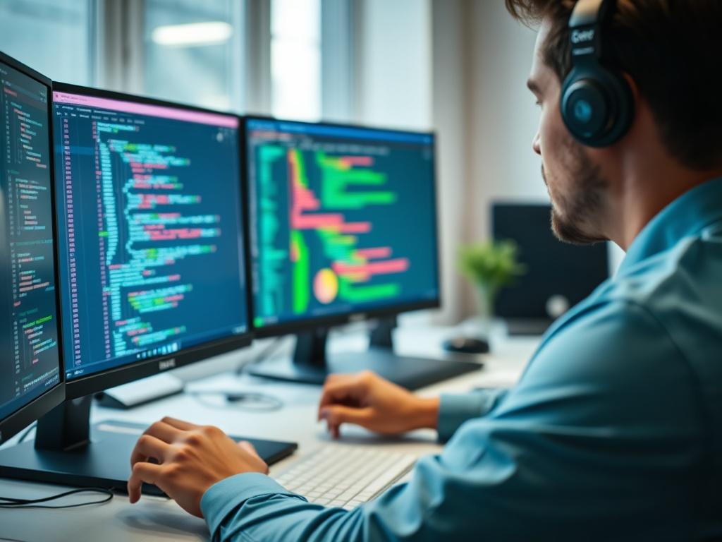 A close up shot of a team member configuring software