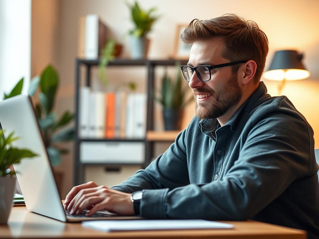 A close-up shot of a small business owner engaged in conversation with an AI chatbot on a laptop. The owner looks focused and optimistic, surrounded by a cozy office setting with warm lighting. The background includes a shelf with books and plants, conveying a sense of productivity and innovation. The primary color #FF6E4E subtly accents the scene.