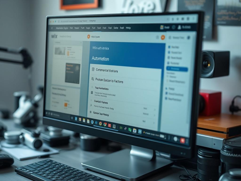 A close-up shot of a computer screen showing the Wix website editor with automation options highlighted. The background includes a desk with various tech gadgets, creating a tech-savvy atmosphere. The main focus should be on the screen, illustrating the Wix interface, while the surrounding elements enhance the scene's context.