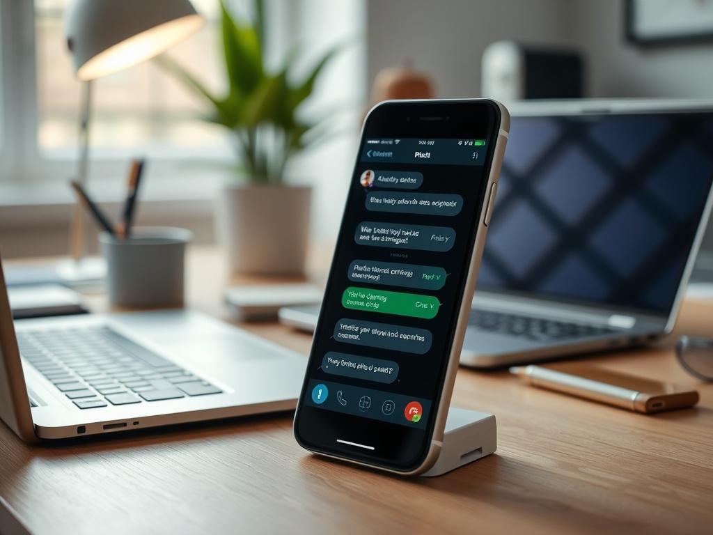 A close-up shot of a modern smartphone displaying a chatbot interface on the screen, in a well-lit home office setting. The background includes a desk with a laptop and some stationery, creating a professional yet cozy atmosphere. The phone should be in focus, showcasing a chat conversation, while the surrounding elements add context without distracting from the main subject.