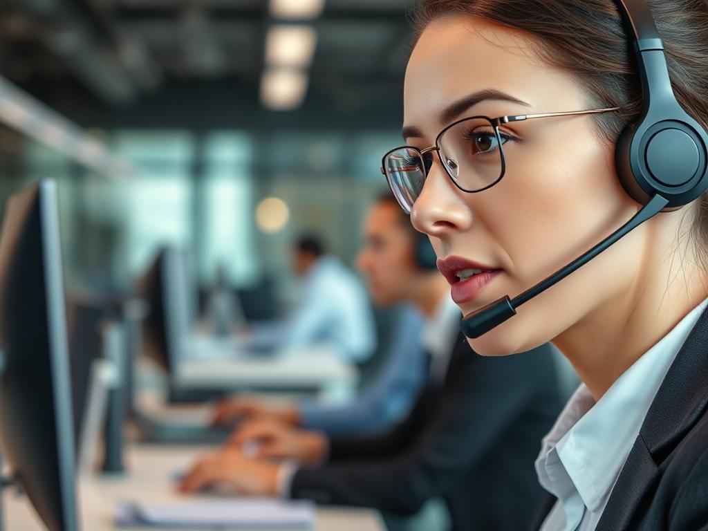 A close-up shot of a professional phone operator in a modern office, wearing a headset, attentively speaking on the phone, with a soft-focus background of a busy office environment. The image conveys professionalism and commitment to customer service.