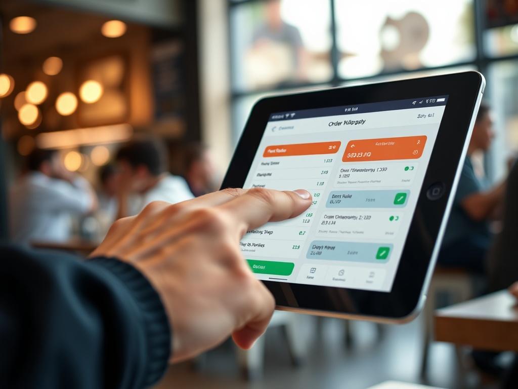 A close-up image of a tablet displaying an order-taking app interface, with a hand interacting with the screen. The background shows a busy restaurant setting to highlight the context of order management.