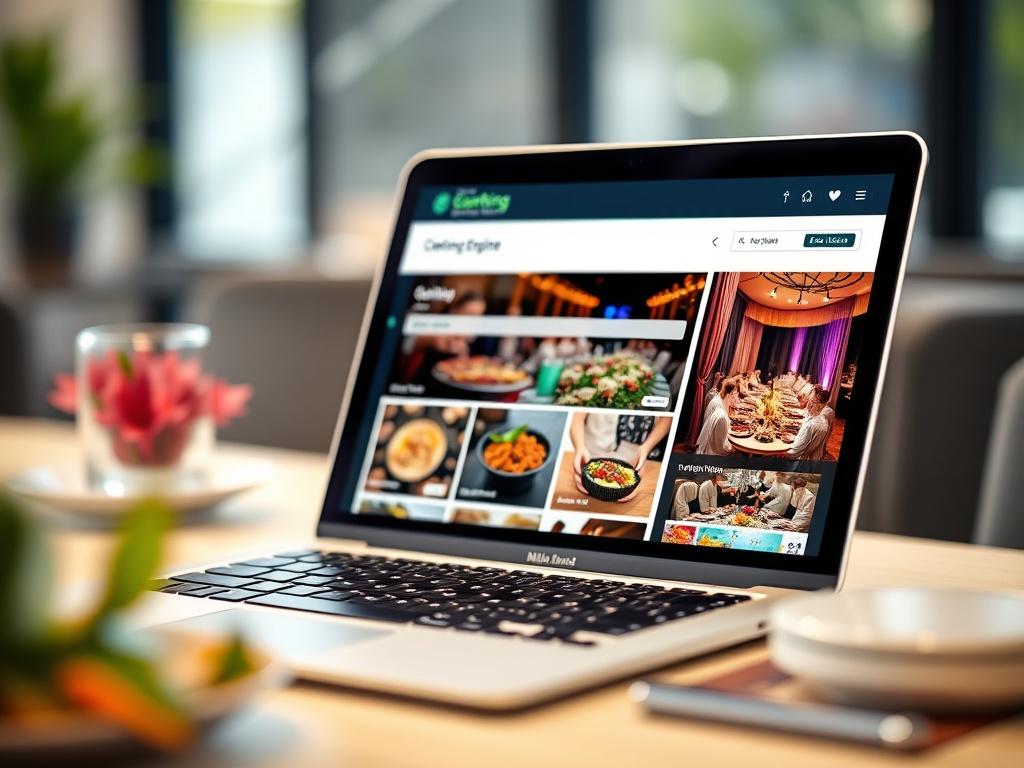 A high-resolution close-up shot of a laptop screen showcasing a catering booking engine interface, with vibrant images of food and event setups. The background should be blurred to focus on the screen.