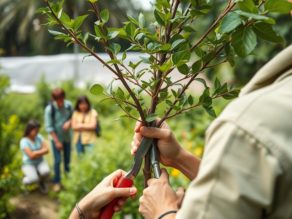 A close-up shot of a workshop participant carefully pruning a young tree with the appropriate tools. The background features a small group of engaged learners, with vibrant greenery surrounding them. The image conveys a sense of community involvement and education, highlighting the importance of tree care.