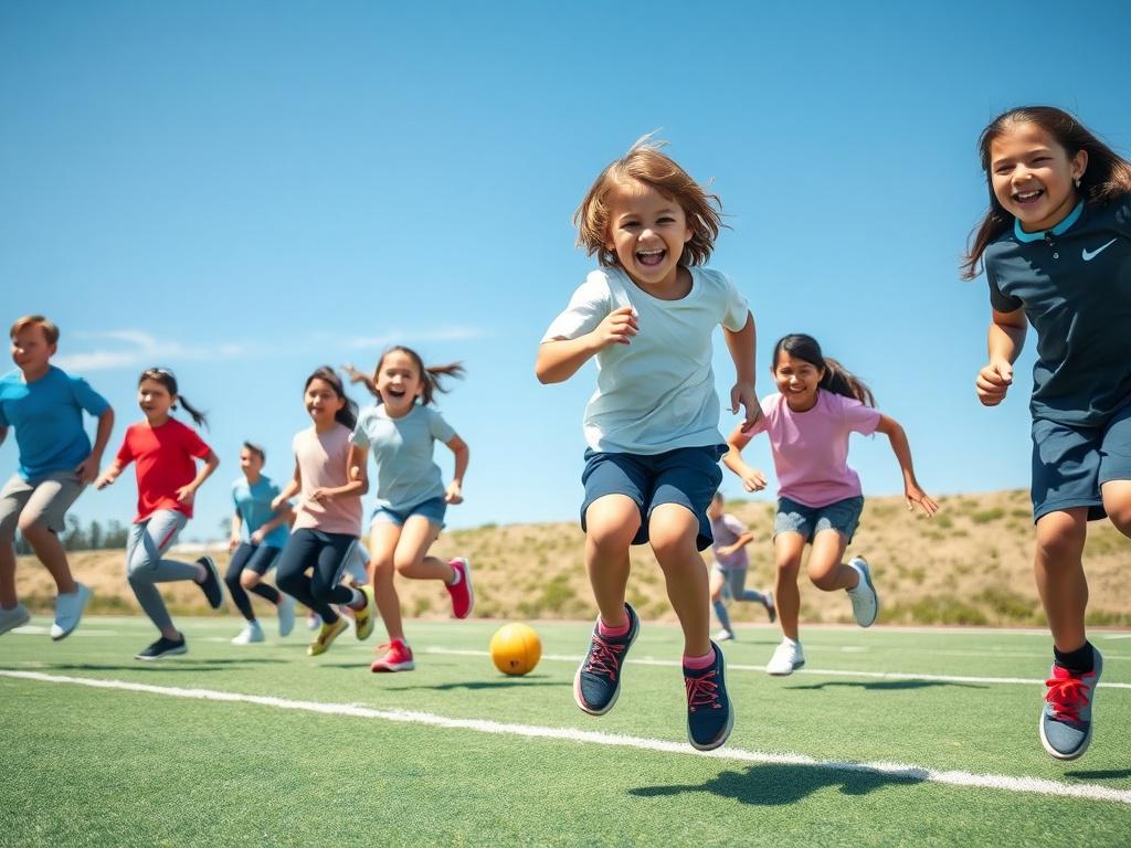 A dynamic close-up shot of children participating in a physical education class, displaying a range of activities like jumping, running, and playing team sports. The background is a bright, open field with clear blue skies, conveying joy and energy. The focus is on the expressions of enthusiasm and teamwork among the participants.