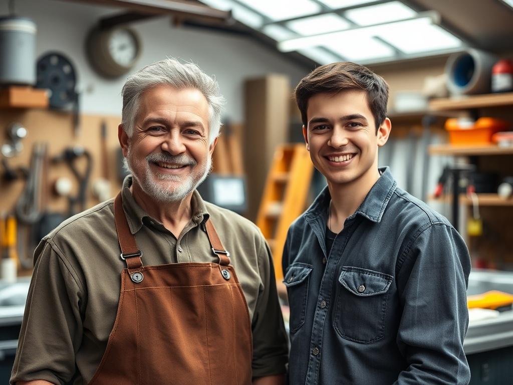 A close up portrait of a father and son team