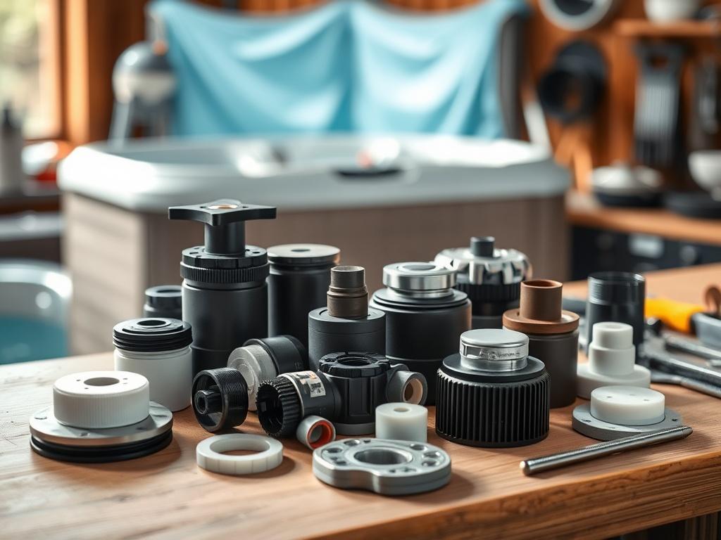 A focused shot of various hot tub parts neatly arranged