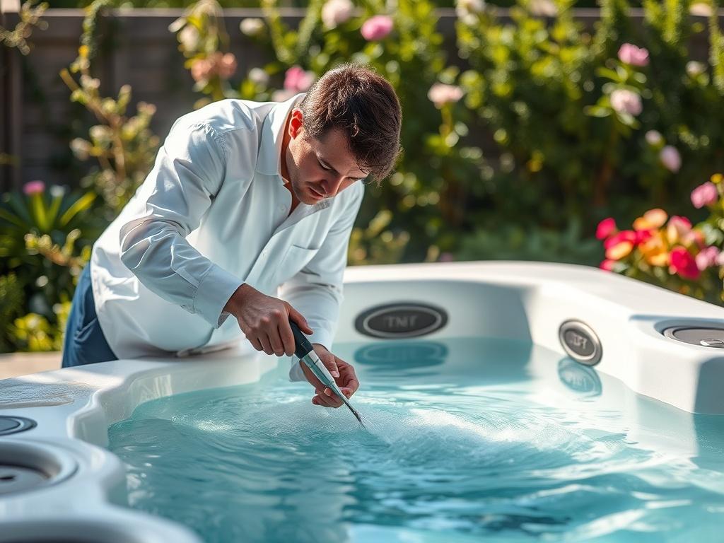 A serene image of a technician meticulously cleaning a spa,