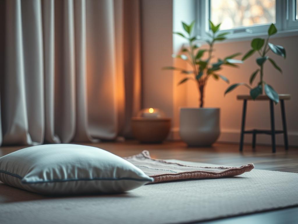 A serene and inviting setting showcasing a tranquil space with soft lighting, featuring a meditation cushion and a potted plant in the background. The focus is on a single cozy corner that exudes calmness and peace, symbolizing personal growth and transformation. The colors should be warm and inviting, with a style that reflects a holistic and mindful approach.