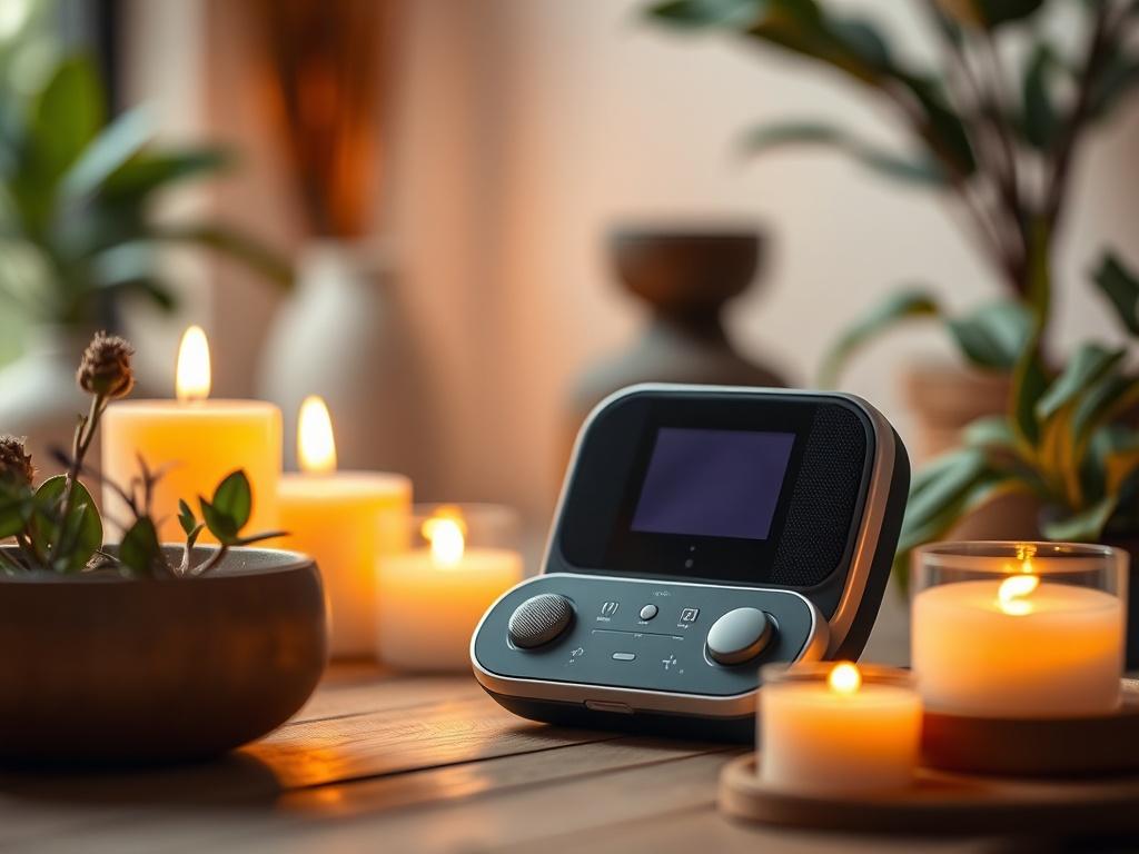 A close-up shot of a serene meditation space featuring a calming audio device, surrounded by soft candles and natural elements like plants. The background is softly blurred to emphasize the tranquility of the setting, with warm lighting to create a peaceful atmosphere.