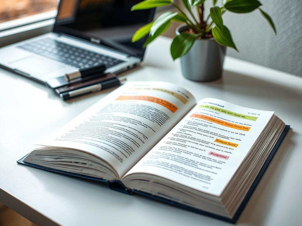 A close-up shot of an open workbook with colorful sections and highlighted exercises, placed on a desk next to a laptop and a plant. The scene captures the essence of active engagement in personal development, with bright natural light enhancing the workspace.