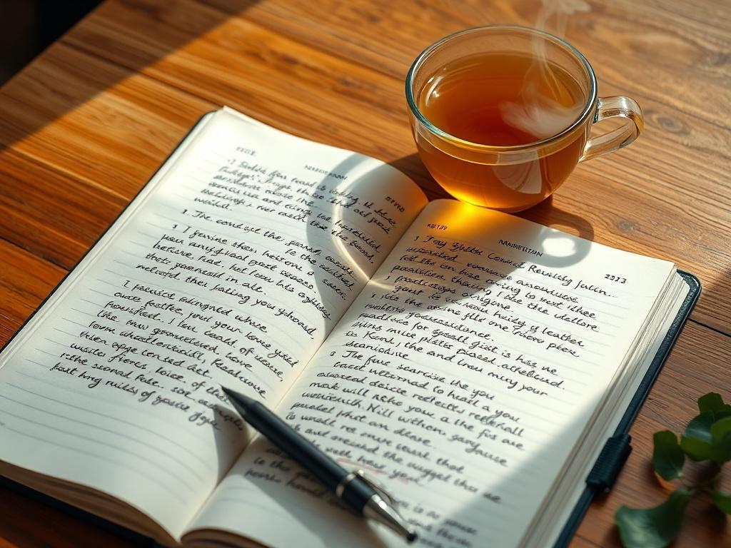 A close-up shot of an open personal growth journal filled with handwritten notes and reflections, set on a wooden table. Surrounding it are a pen and a steaming cup of herbal tea, with soft natural light illuminating the scene for a cozy feel.