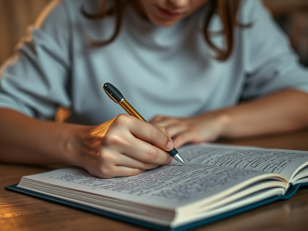 A hyper-realistic close-up shot of a person writing in the Breakfree Warrior Workbook. The subject is a mid-adult woman focused on her writing, with a determined expression. The background is softly blurred to emphasize her and the workbook, showcasing the intricate details of the pages filled with handwritten notes. The lighting is warm and inviting, capturing the essence of empowerment and healing. The color scheme includes shades of rgb(193, 153, 87) to create a sense of warmth and clarity.