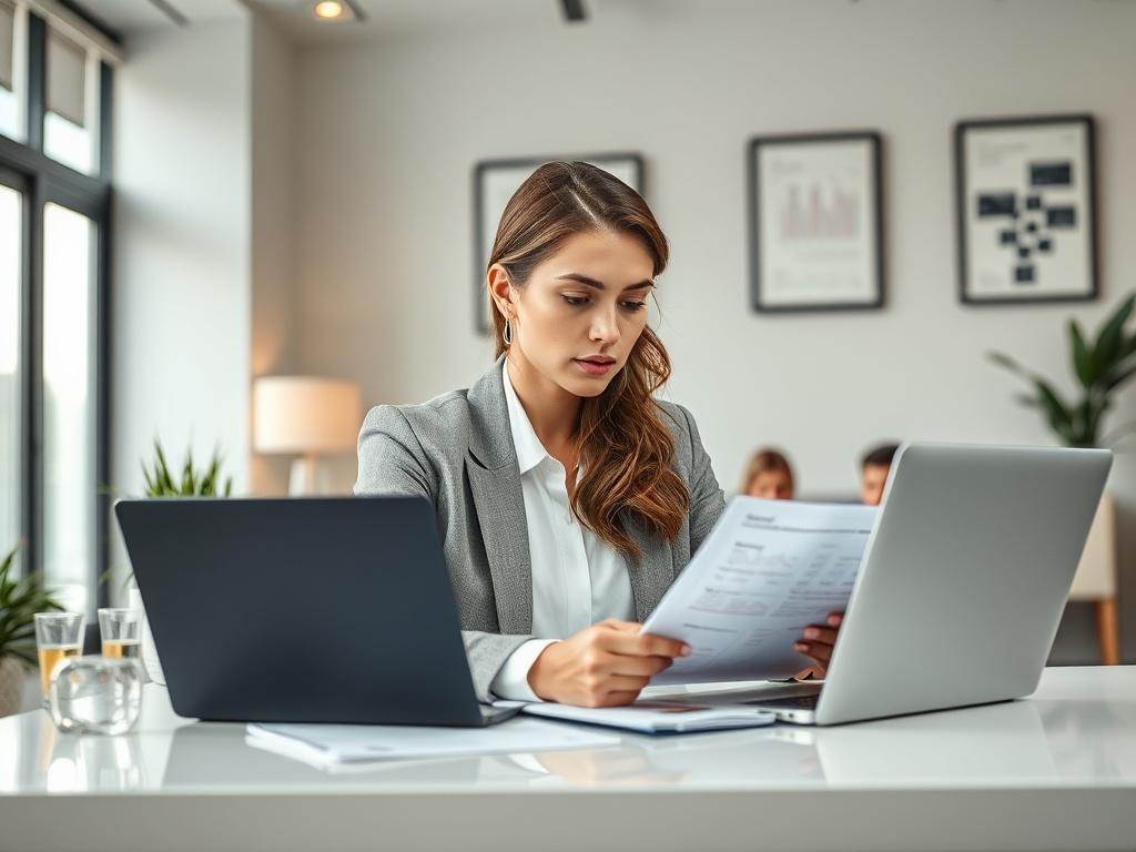 **AI Image Generation Prompt:**
Create a realistic high-resolution photo that illustrates the theme of "Navigating BP Loans: A Smart Funding Option for Companies in a Cash Flow Crunch." The image should feature a single, focused subject: a professional businesswoman sitting at a modern office desk. She appears deep in thought while analyzing financial documents and a laptop, showcasing a sense of determination and focus. 
The background should be a well-lit, contemporary office space with tasteful decor—p