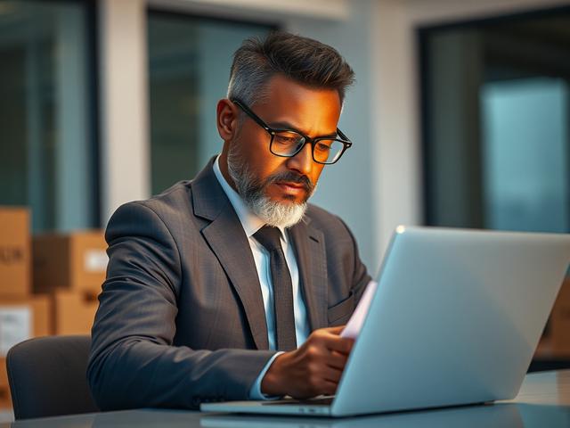 **AI Image Generation Prompt:**

Create a realistic high-resolution photo that captures the essence of financial support for shipping businesses. The composition should feature a single, detailed subject: a businessperson, a middle-aged African American man in a sharp suit, analyzing freight invoices on a sleek laptop at a modern desk. His expression should convey focus and determination. The background should be a softly blurred office environment, conveying professionalism, with hints of shipping material