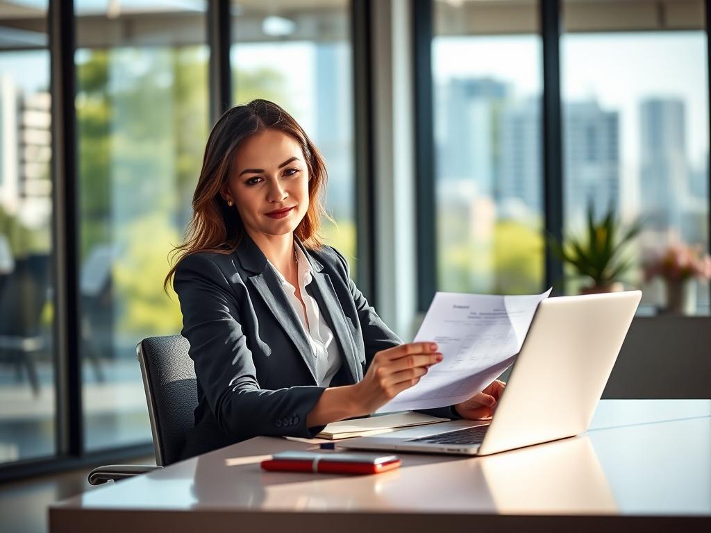 Create a realistic high-resolution image that features a single, confident businesswoman sitting at a modern desk in a bright, airy office space. She is reviewing documents and calculating figures on a sleek laptop, illustrating the concept of factoring freight without getting stuck in a long-term contract. The background should be a blurred view of large windows allowing natural light to flood the room, showcasing greenery or a city skyline outside, symbolizing clarity and opportunity. 

The subject should