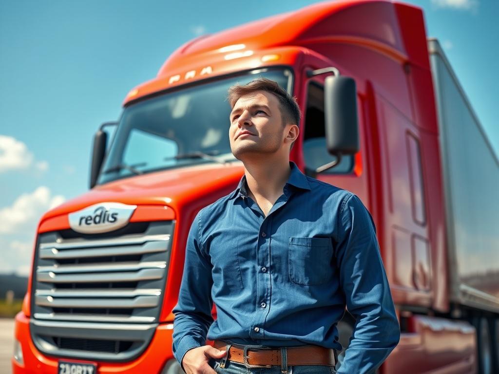 Create a hyper-realistic high-resolution image of a curious man standing in front of a freight truck. The man should appear to be in his early thirties, with an intrigued expression on his face as he gazes up at the truck, showcasing a blend of excitement and curiosity. He has short, neatly styled hair and is dressed in a casual outfit consisting of a fitted blue shirt and denim jeans. 

The freight truck should dominate the foreground, displaying vibrant colors with a shiny surface that reflects the natura