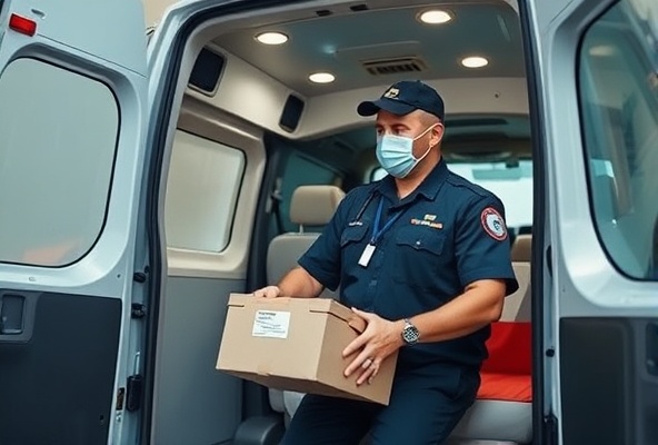 Professional medical courier loading secure packages into vehicle