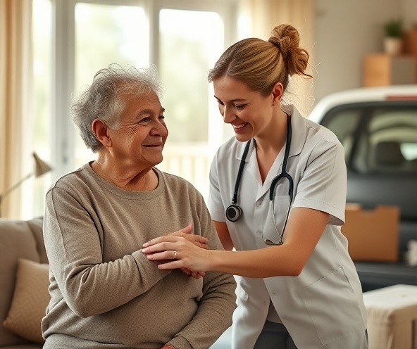 Compassionate caregiver assisting elderly client at home